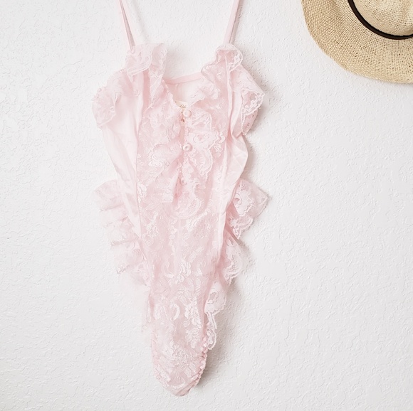 Vintage Other - Vintage Sheer Ruffle Lace Teddy Romper Lingerie 36
